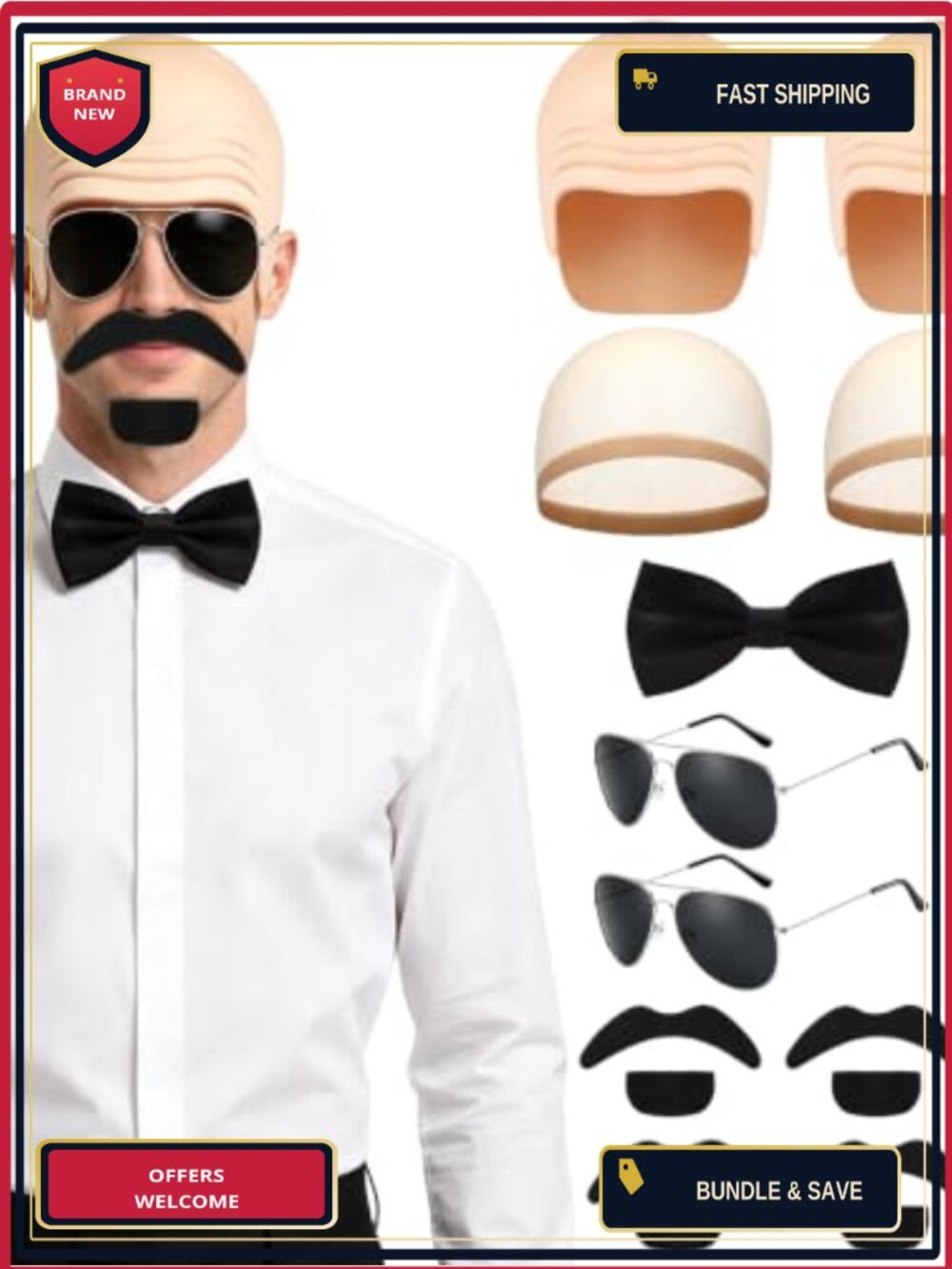 16Pc Halloween Bald Cap Costume Accessory Set Latex Men Cosplay Party Kit